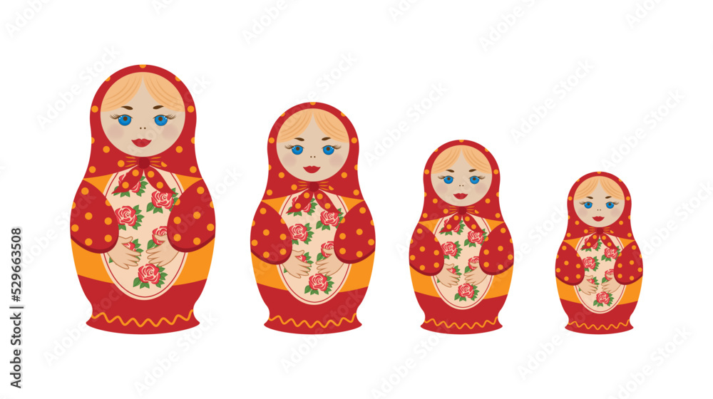 Set of Matryoshka Russian Nesting Doll. Traditional Russian Culture. Folk toy. Babushka doll. Hand drawn vector illustration