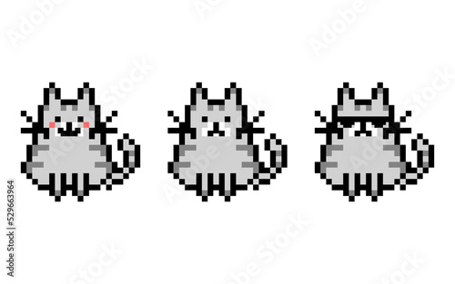 Cute grey kitten pet pixel art Pack- isolated vector on white background