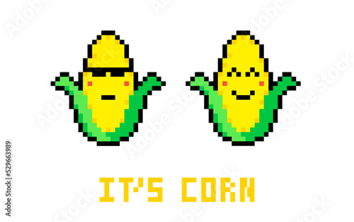 Funny cute corn Pixel Icon Pack isolated on white background with words. It's corn.