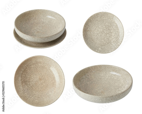 Foto Set Brown plate isolated on white background with clipping path Side view top view