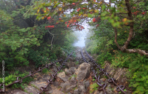 Old chains through misty mountain anchored into rock to assist climbers photo