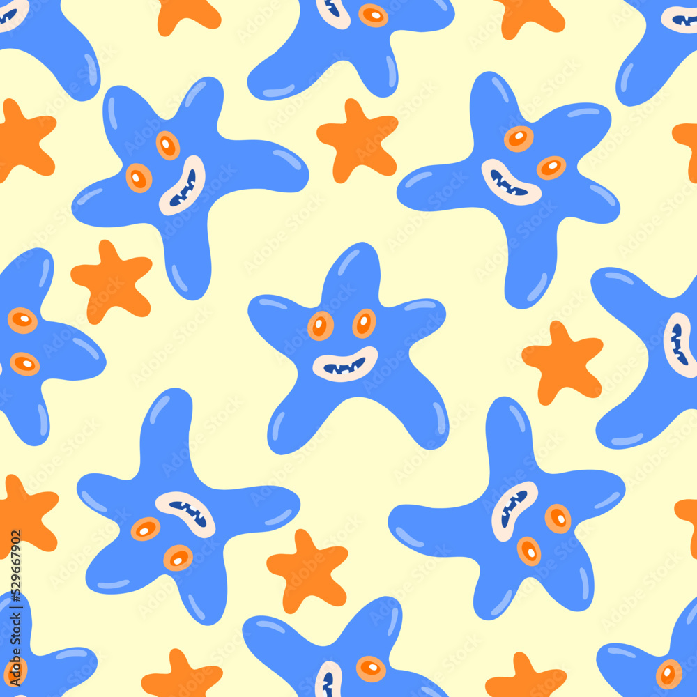 Seamless autumnal halloween monster vector pattern with blue cartoon star with smyling faces on pale yellow background for kids textile apparel and gift or wrapping paper