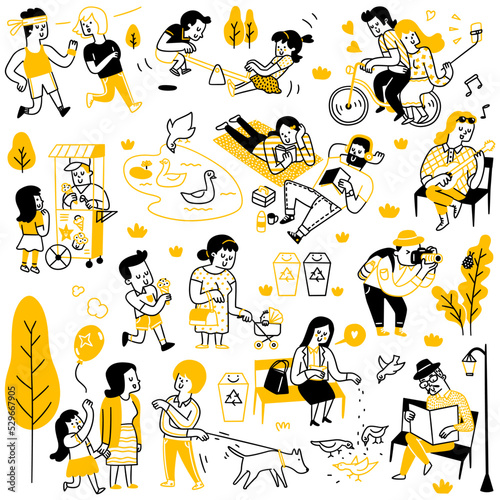 Doodle character vector illustration. Various people doing activities in public park, recreation, relax, spend leisure time outdoor. Outline, thin line art, linear, hand drawn sketch design.