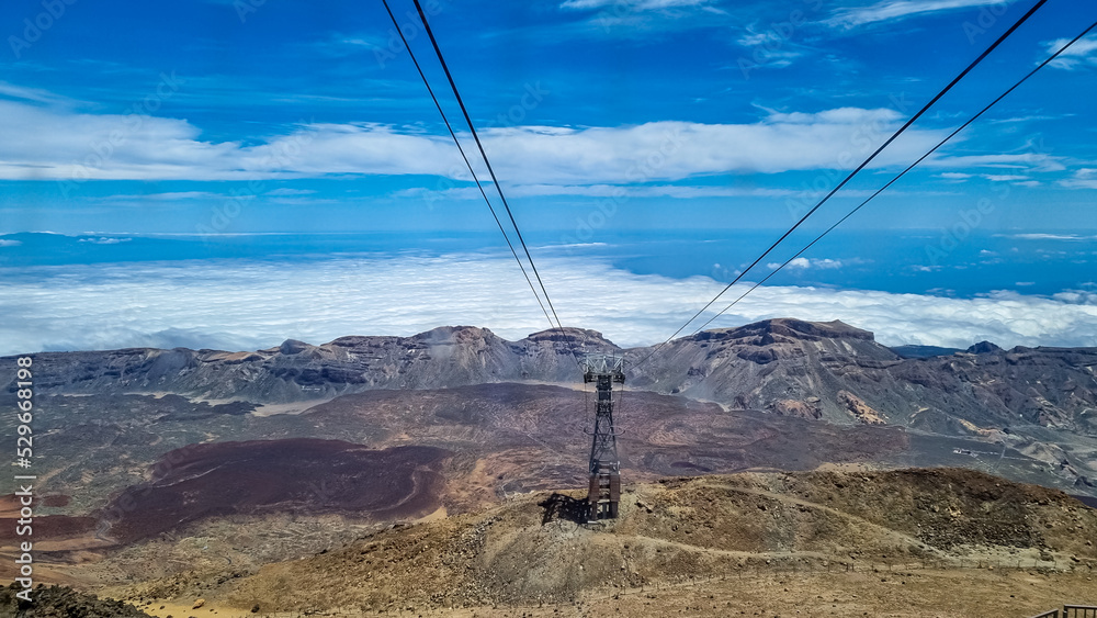 Panoramic view from Teleferico del Teide cable car station on volcano mount Pico del Teide, El Teide National Park, Tenerife, Canary Islands, Spain, Europe. Support towers of the funicular railway