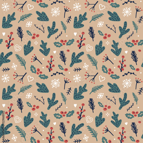 Christmas pattern with traditional plants and snowflakes