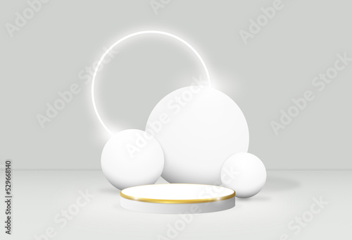 Abstract 3D rendering White base golden cylinder podium studio with a neon light on the wall. Geometric shape object illustration for banner, poster, and wallpaper. Display showcase product.