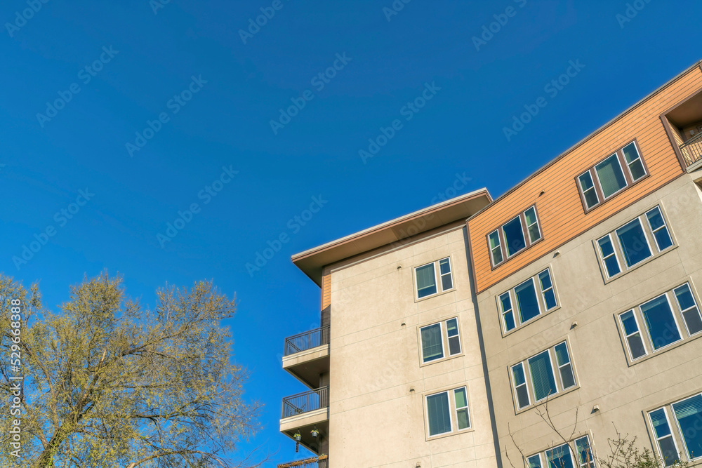 Exterior view of lovely luxury apartments in Austin Texas against clear blue sky