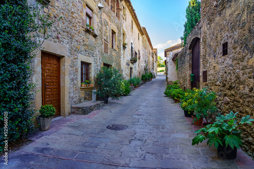 Beautiful alley with old stone houses and pots on the street with plants and flowers, Monells, Girona, Catalonia. photo