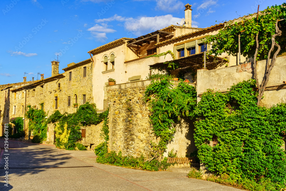 Traditional stone houses with pots of green plants and flowers in the Catalan village of Monells, Girona.