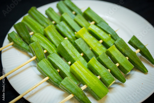 Close up Green Vegetables Okra on a plate 