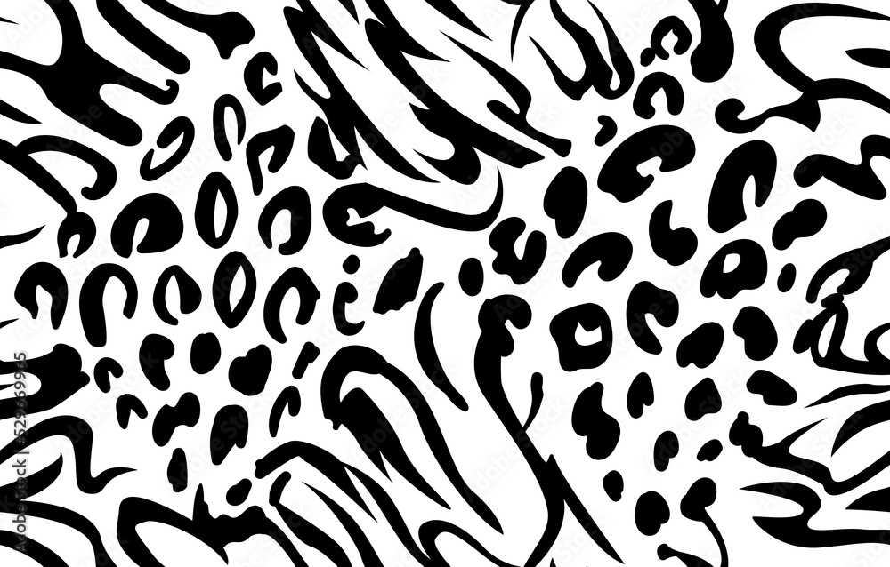 Leopard and zebra abstract seamless pattern. Animal skin vector background. Black and white texture
