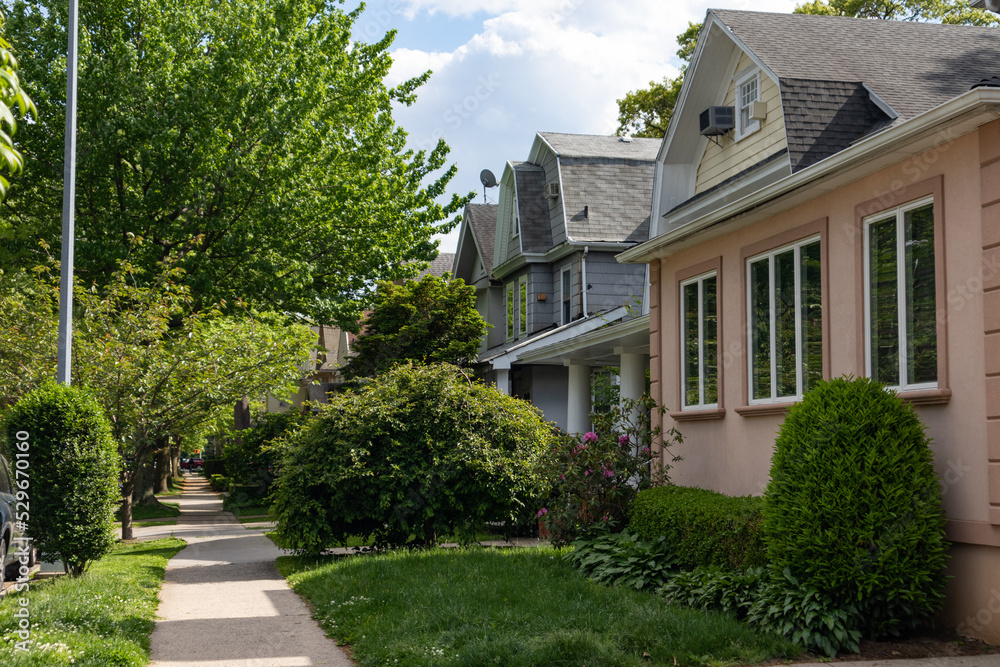 Row of Beautiful Neighborhood Homes with Green Grass along a Sidewalk in Midwood Brooklyn of New York City