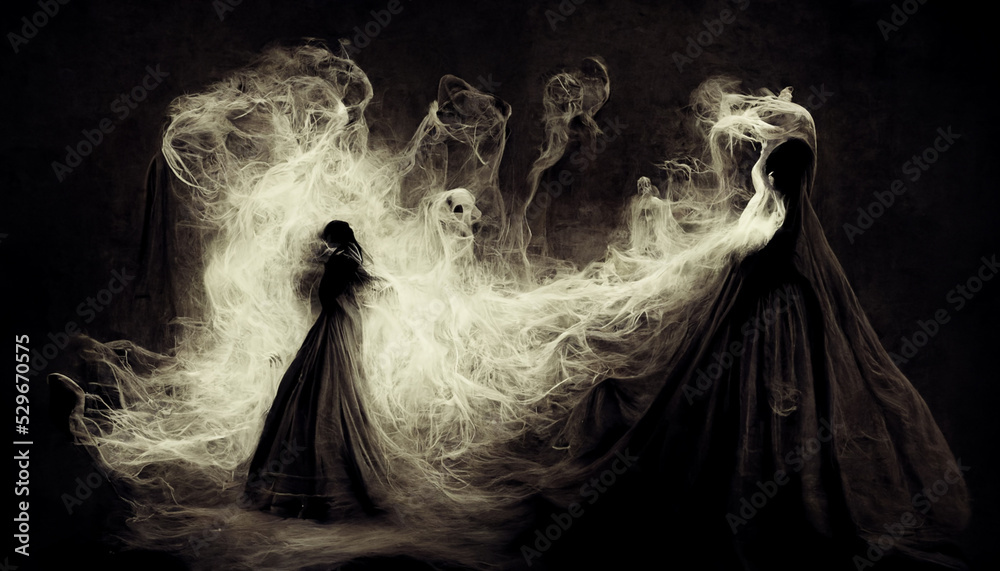 Abstract scary ghost of a woman made from smoke. Halloween background. Digital art Abstract scary ghost of a woman made from smoke. Halloween background. Digital art