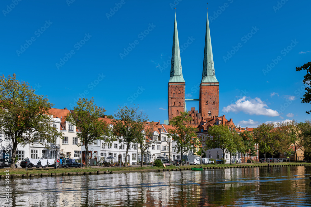 Lübeck, Germany. View of the old town across the river Trave.