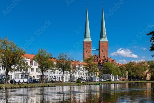 Lübeck, Germany. View of the old town across the river Trave.