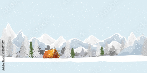 Seamless pattern Winter landscape with snowing at forest pine tree, mountains on blue sky,Repeat pattern Winter wonderland with farm house in village,Vector nature for Christmas or new Year Background