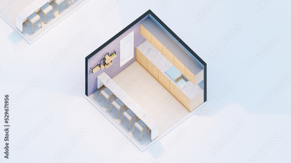 Isometric view of kitchenette 3d rendering Isometric view of kitchenette 3d rendering