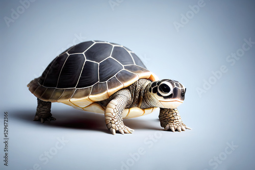 Cute turtle or tortoise walking in studio as wildlife illustration photo