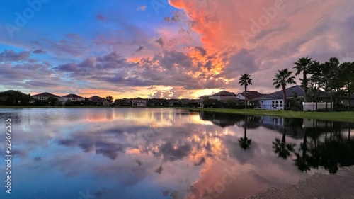 beautiful sunset sky reflection over the lake
