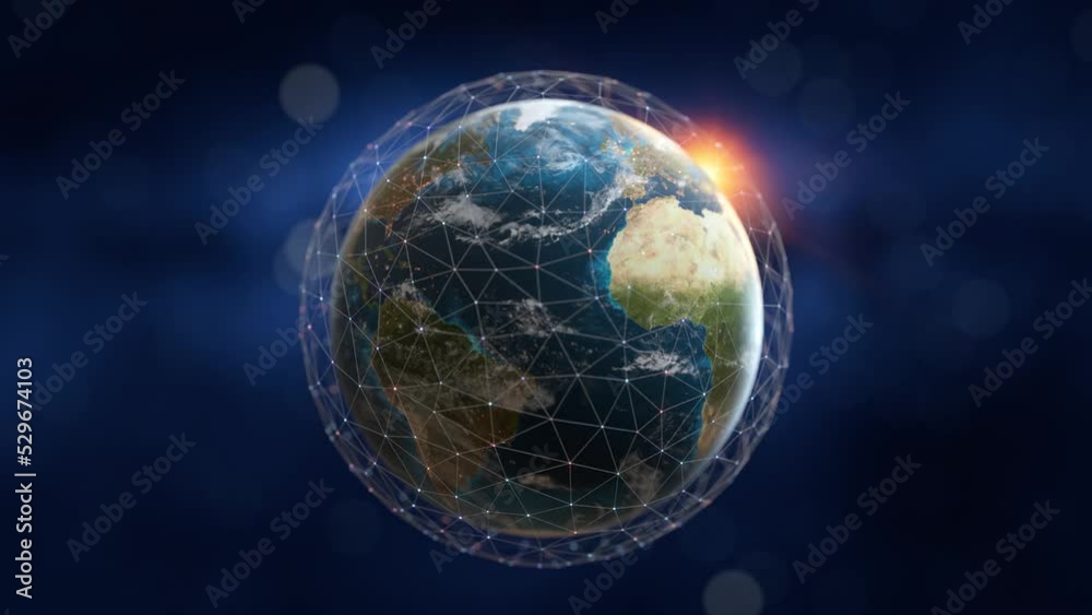 Tech earth globalization in 3d animation. Global Business dots on rotating planet. Tech earth globalization in 3d animation. Global Business dots on rotating planet.