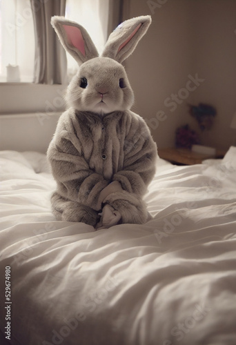cute plush fluffy bunny in pajamas sits on the bed in the bedroom