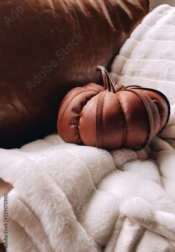Pumpkin on white blanket