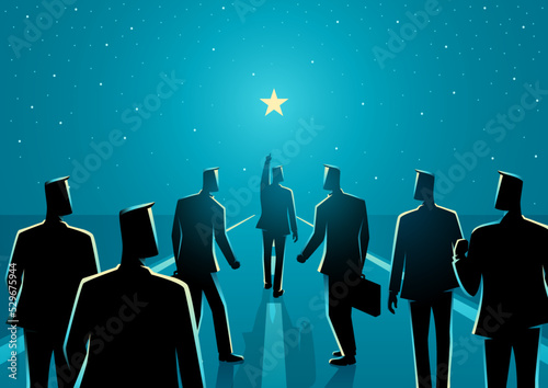 Man points to the star and leads his friends to follow him on his way forward