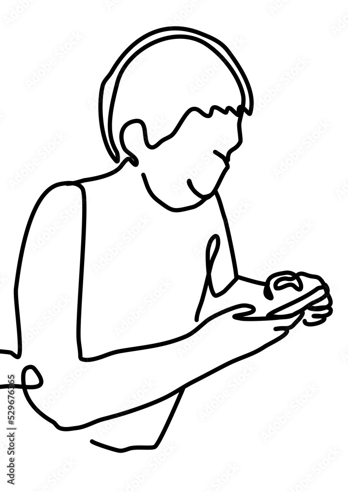 One continuous line drawing, man playing phone One continuous line drawing, man playing phone