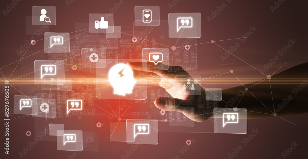 Hand pressing social media multimedia application screen with media icons on futuristic concept Hand pressing social media multimedia application screen with media icons on futuristic concept