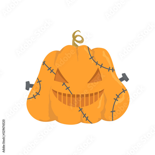 Illustration of a Halloween pumpkin with a carved happy and funny face with teeth. Pumpkin is dressed in Frankenstein, with stitches on his face and bolts. Vector isolated on white background