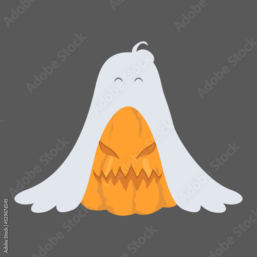 Illustration of a Halloween pumpkin with a carved displeased and angry face. The pumpkin is dressed as a ghost with a cute face. Vector isolated on grey background