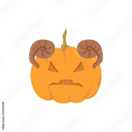 Illustration of a Halloween pumpkin with a displeased and angry face carved. There are two horns on the head. Vector isolated on white background
