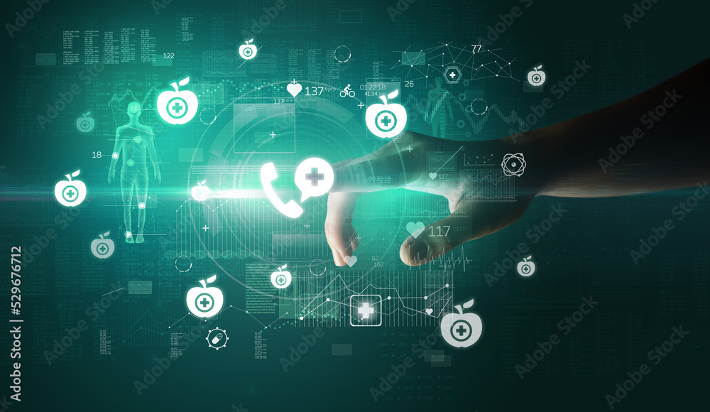 Doctor hand pressing futuristic health device with medical symbol on screen Doctor hand pressing futuristic health device with medical symbol on screen