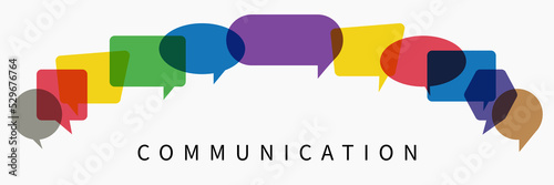  illustration of a communication concept. The word communication with colorful dialog speech bubbles