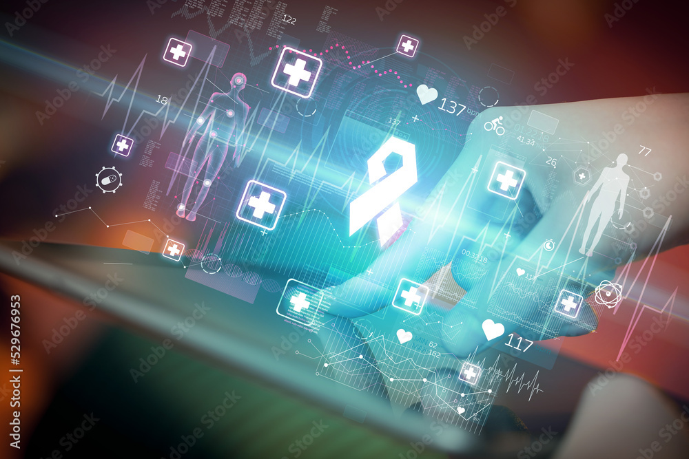 Close-up of a touchscreen with healthcare icons Close-up of a touchscreen with healthcare icons