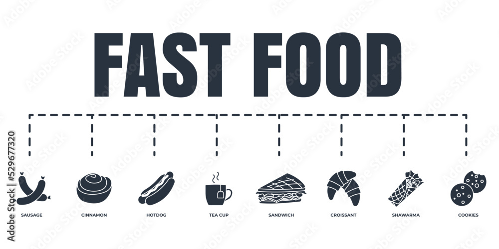 fast food banner web icon set. croissant, cookies, cinnamon, hotdog, tea cup, shawarma, sandwich, sausage vector illustration concept. fast food banner web icon set. croissant, cookies, cinnamon, hotdog, tea cup, shawarma, sandwich, sausage vector illustration concept.