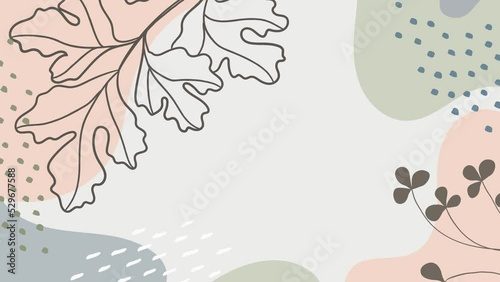 Animated botanical banner with organic shapes, leaves, plants. Abstract natural elements in trendy doodle style for holiday, business. Simple, minimal design. Modern background, greeting card. 