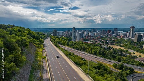 Aerial of the cityscape of Hamilton, Ontario with a display of a highway photo
