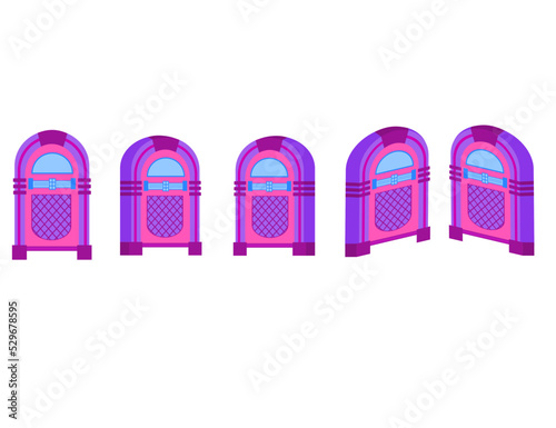 Old jukebox music player front and side view.Rockola music machine for disco or party.Retro or vintage radio.Sign, symbol, icon or logo isolated.Flat design.Clipart.Cartoon vector illustration.