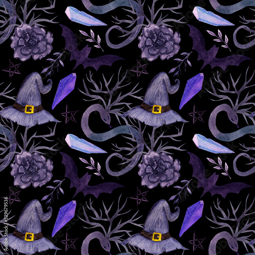 Watercolor seamless pattern for Halloween, witch hat, bat and roses, snake, crystal on dark background. 