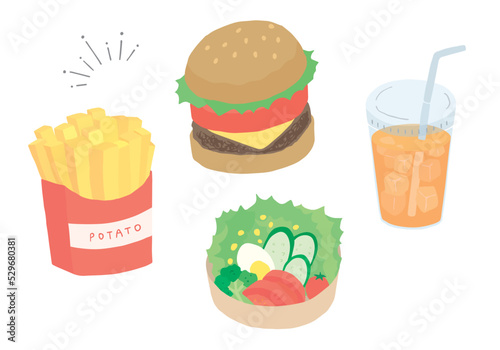 ハンバーガーやポテトの手描きイラストセット