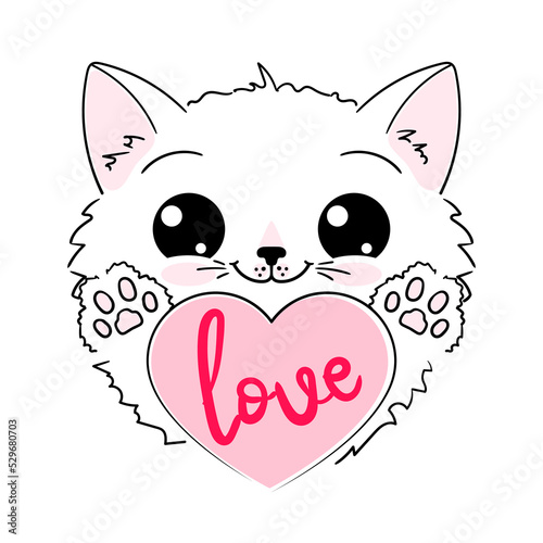 Cute cartoon white kitten with a heart. Vector