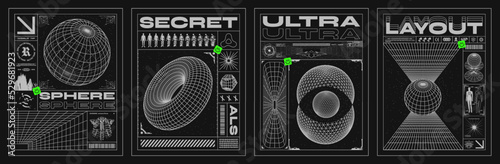 Retro futuristic posters with 3D wireframes of spheres and torus. With perspective grid, space, and spaceship. Isolated on black background