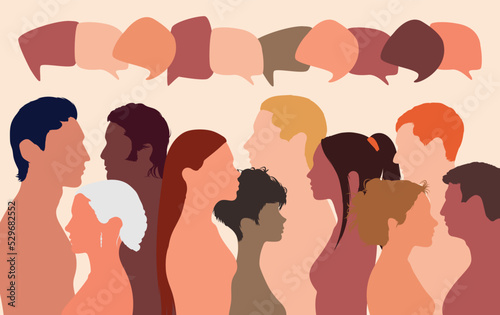 People talking in a crowd. Vector cartoon character profiles. Speech bubbles and communication between people. A diverse group of people in dialogue.