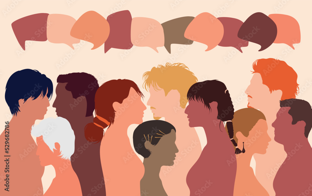 People talking in a crowd. Vector cartoon character profiles. Speech bubbles and communication between people. A diverse group of people in dialogue.