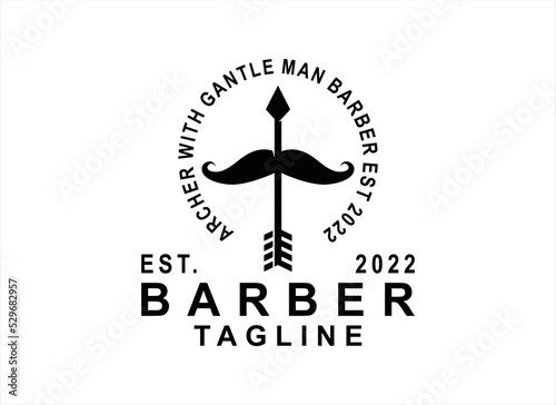 PrintBarber Shop Vintage logo template with Mustache and Bow design.