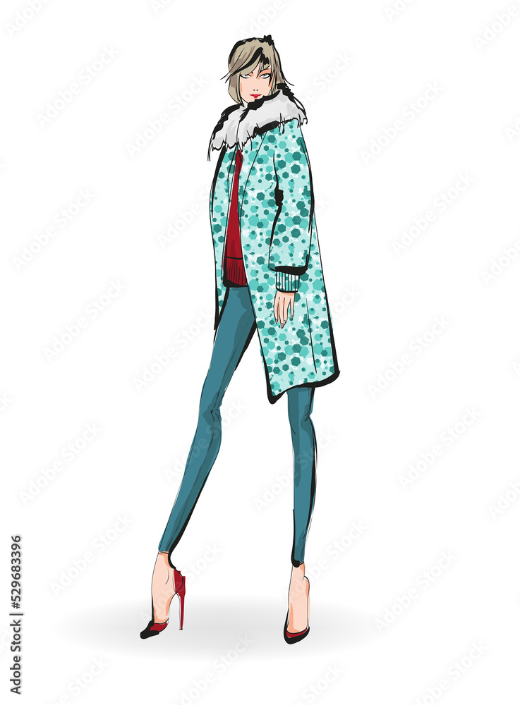 Young beautiful woman in winter clothes. Sale concept. Hand-drawn fashion illustration Young beautiful woman in winter clothes. Sale concept. Hand-drawn fashion illustration