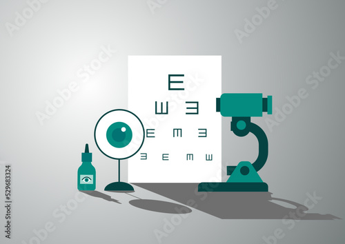 Ophthalmologic standing near eye test chart. The nurse carries magnifying glass. Ophthalmology concept. Flat vector illustration.