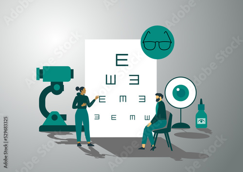 Ophthalmologic standing near eye test chart. The nurse carries magnifying glass. Ophthalmology concept. Flat vector illustration.