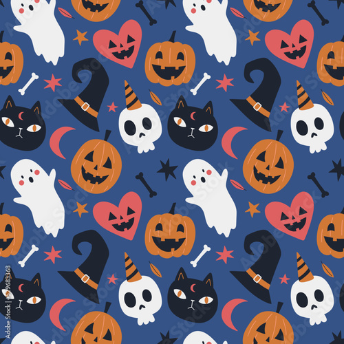Seamless pattern with pumpkins, cats, ghosts, skulls, witch hats, moon on blue background. Vector Halloween background in flat style. Doodle style. For textiles, clothing, bed linen, office supplies